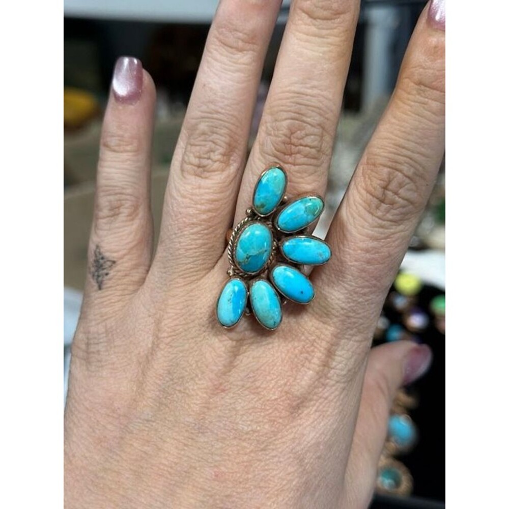 Turquoise 7 Stone Half Cluster in Pure Copper Bypass Ring Size 8